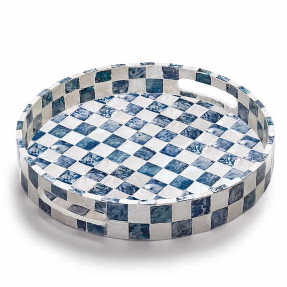 Round Navy Blue Serving Tray with Handles, Checkered Capiz Mother of Pearl, Multi-Purpose Use