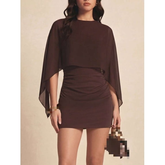 Round Neck Batwing Sleeve Dress with Patchwork Detail and Ruched Front