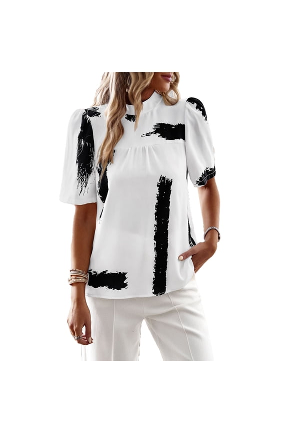 Round Neck Blouse Abstract Printing Short Sleeved Bow Back Casual Tee Shirt Blouse for Women Summer White S