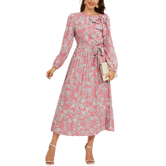 Round Neck Bow Detail Floral Print Dress for Women Mid-Calf Length Pink Large