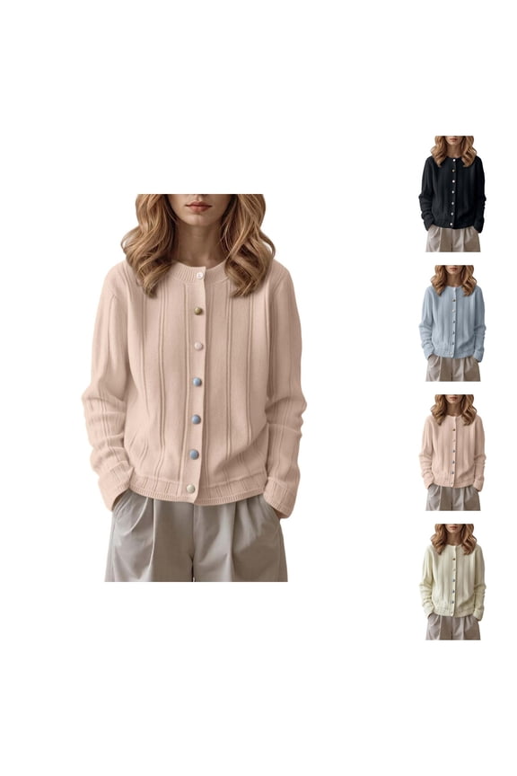 Round Neck Colorful Button Knitted Cardigan Sweater Open Front Long Sleeve Casual Outwear Cozy Lightweight Pullover Top For Daily Wear Cardigan Sweaters for Women