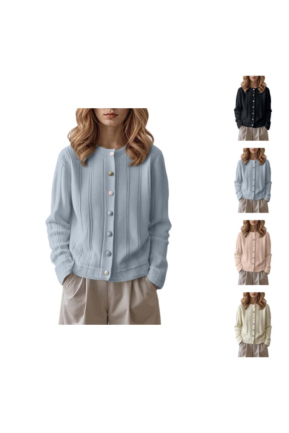 Round Neck Colorful Button Knitted Cardigan Sweater Open Front Long Sleeve Casual Outwear Cozy Lightweight Pullover Top For Daily Wear Cardigan Sweaters for Women