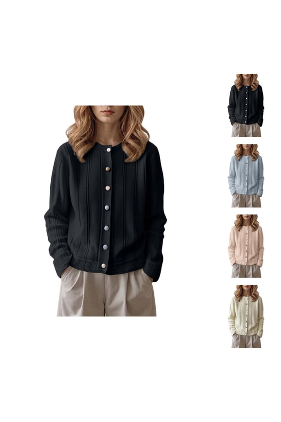 Round Neck Colorful Button Knitted Cardigan Sweater Open Front Long Sleeve Casual Outwear Cozy Lightweight Pullover Top For Daily Wear Cardigan Sweaters for Women