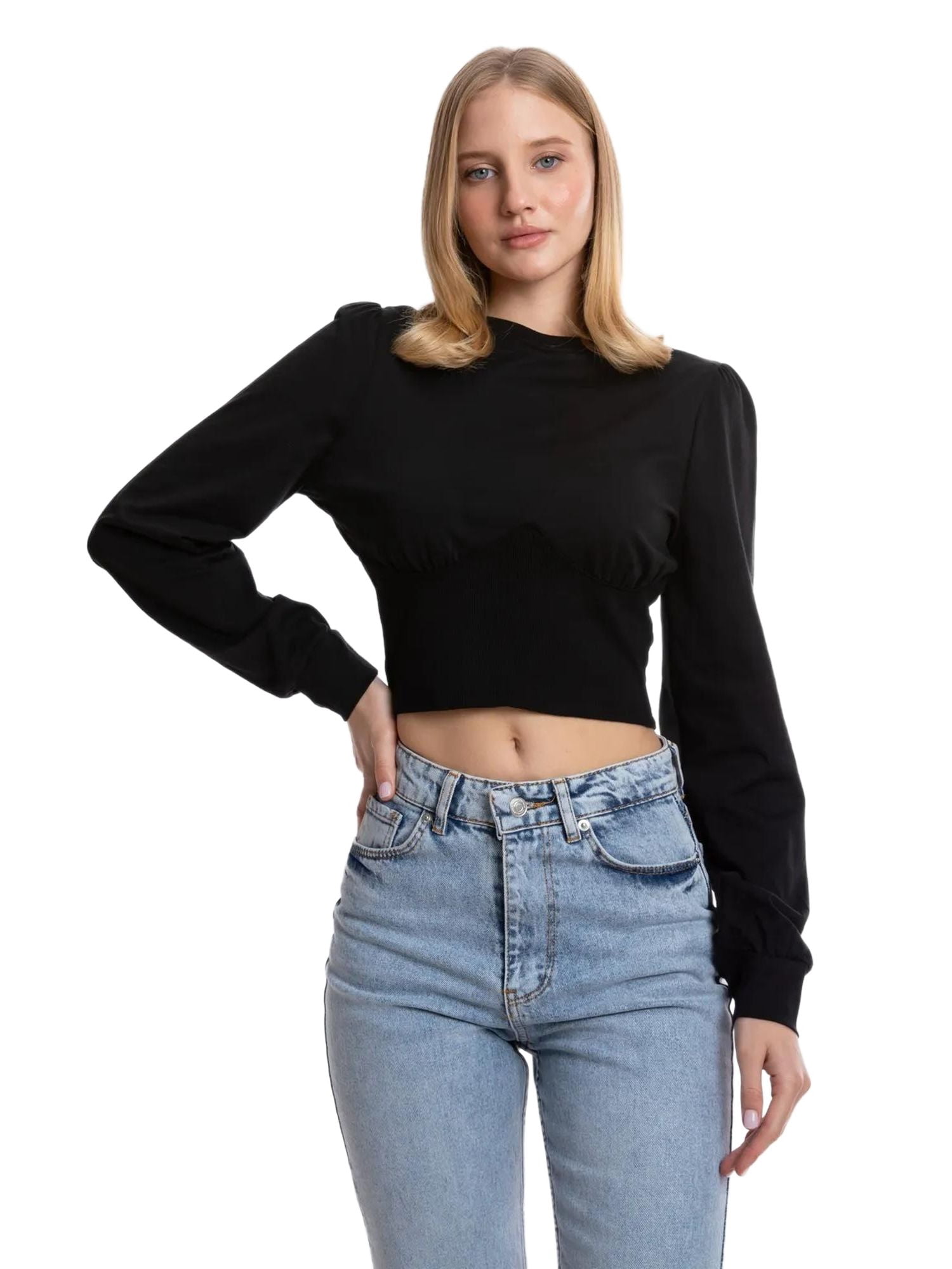 Round Neck Detailed Long Sleeve Cropped Top - Walmart.com
