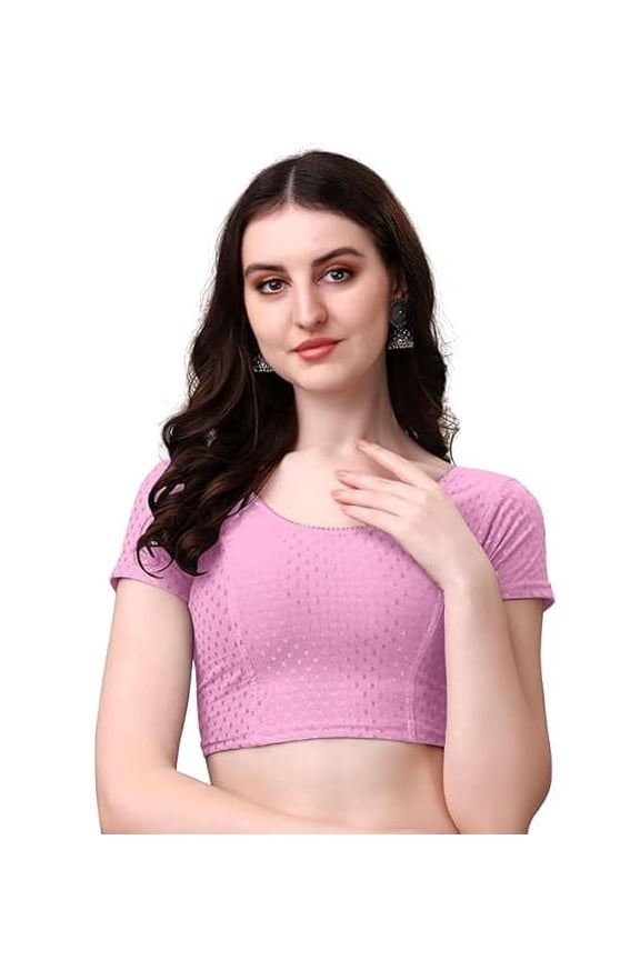 Round Neck Dobby Cotton Stretchable Short Sleeve Readymade Saree Blouse (Baby Pink, XL)