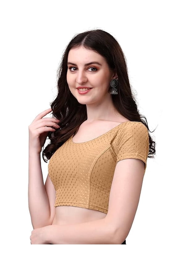 Round Neck Dobby Cotton Stretchable Short Sleeve Readymade Saree Blouse (Beige, XL)