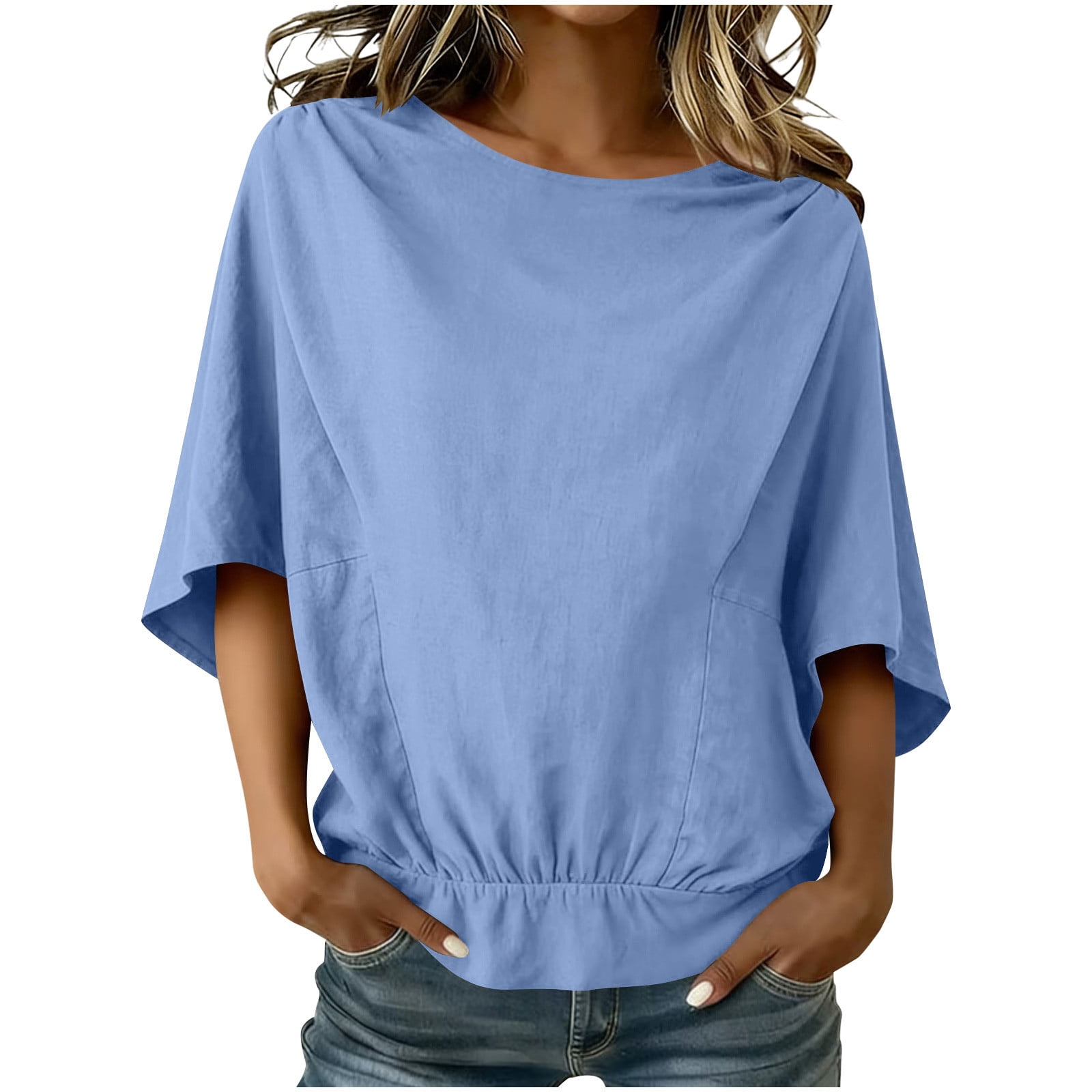 Round Neck Dolman Sleeve Elastic Waist Cotton Linen Casual Top for