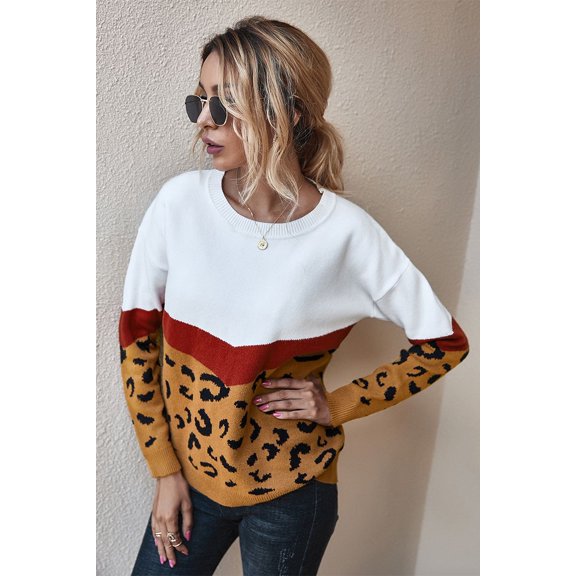 Round Neck Drop Shoulder Color Block Leopard Print Sweater for Women