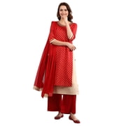 Round Neck Embellished Kurta Set - T-Red-Large
