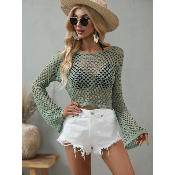 Round Neck Flare Long Sleeve Crochet Net Summer Crop Top for Women
