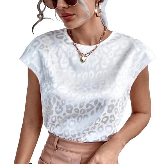 Round Neck Flowy Top, Short Sleeves, Summer Casual Tee - White, Size S Leopard Chic Sarapandan