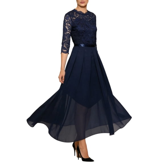Round Neck Lace Dress Evening Dress Skirt Solid Color Dress For Women Fashion Half Sleeve Long Dress For Women Blue L