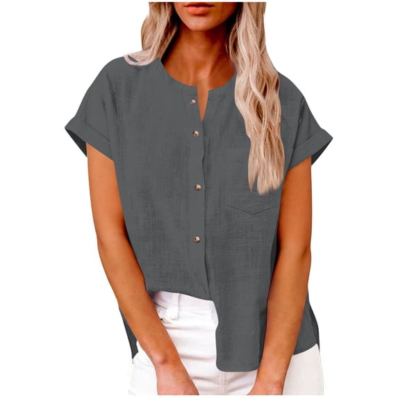 Round Neck Linen Shirt for Women Summer Button Short Sleeve Tops Casual T-Shirt with Pockets ,Gray,M