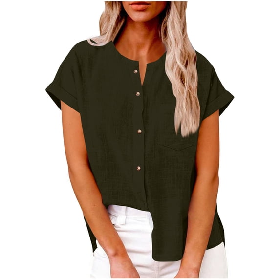 Round Neck Linen Shirt for Women Summer Button Short Sleeve Tops Casual T-Shirt with Pockets ,Green,XXL