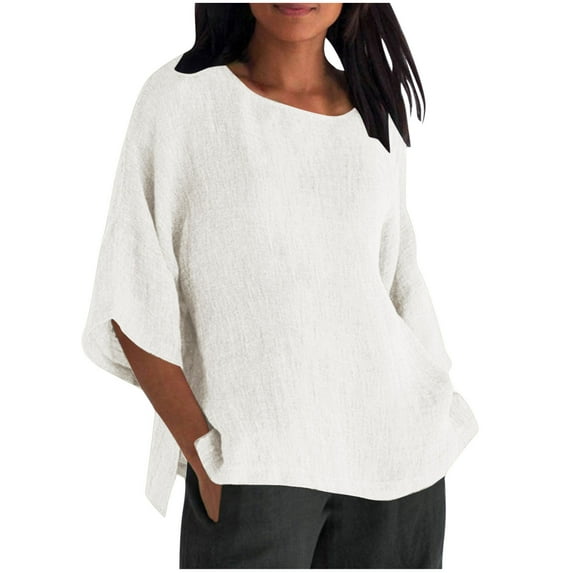 Round Neck Linen Shirts for Women 3/4 Length Sleeve Tunic Tops Casual Loose Fit Pullover Tees 2025 Summer Fashion Blouse