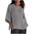 thumbnail image 1 of Round Neck Linen Shirts for Women 3/4 Length Sleeve Tunic Tops Casual Loose Fit Pullover Tees 2025 Summer Fashion Blouse, 1 of 8