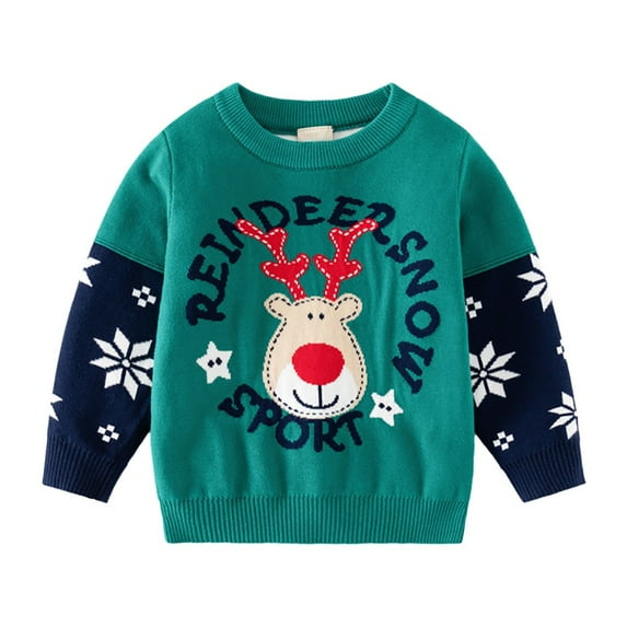 Round Neck Long Sleeve Cartoon Little Elk Snowflace Pattern Knitted Jumper Autumn Winter Christmas Sweater Boy