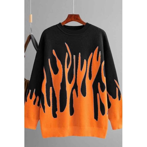 Round Neck Long Sleeve Loose Fit Flame Sweater (FreeSize, MultiOrange)