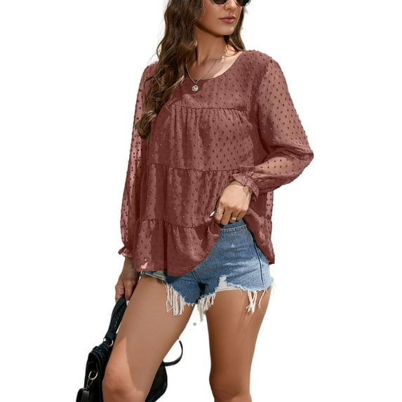 Round Neck Long Sleeve Tiered Swiss Dot Light Blouse for Women Mauve Pink Medium