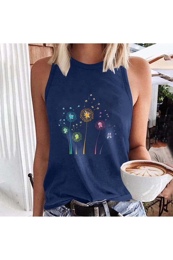 Womens Tops Fashion Floral Print Crew Neck Tank Tops Leisure Loose Fit Sleeveless Standard Straps Shirts Basic Clothing