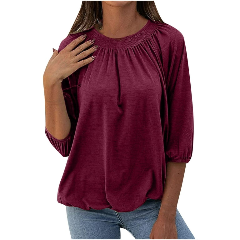 Round Neck Long Sleeve Tops for Women Women's Casual Half Long Sleeve  Blouse O-Neck Solid Pullover T-shirt Loose Shirts Tops Plus Size O Neck