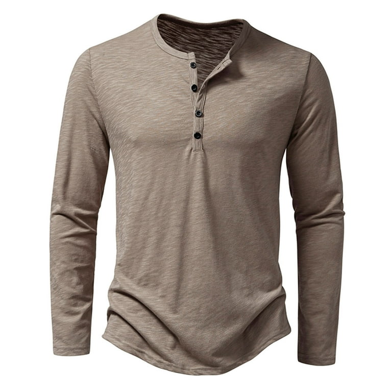 SEROYE Round Neck Long Sleeve Tops for Men Solid Color Button Sweat Pullover Winter Casual Workout Bottom T Shirts Men s Size Medium Beige