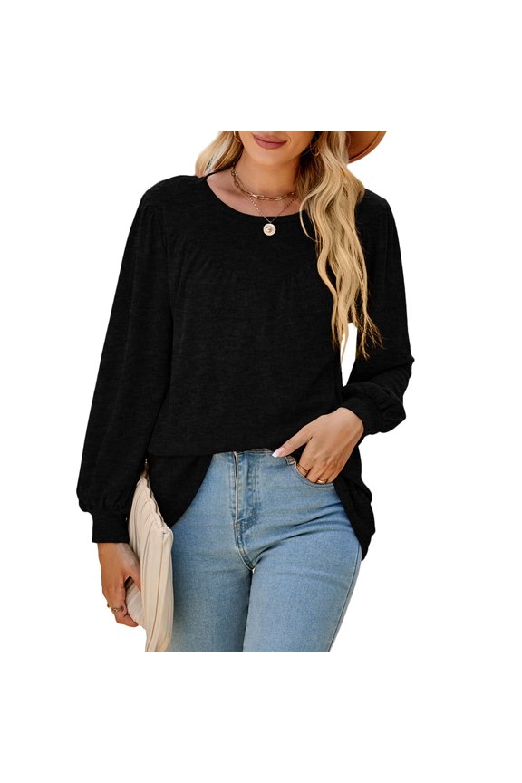 Round Neck, Loose Fit for Parties, Work & School, Size L Black Long-Sleeve Puff Shoulder Top Bienvenido