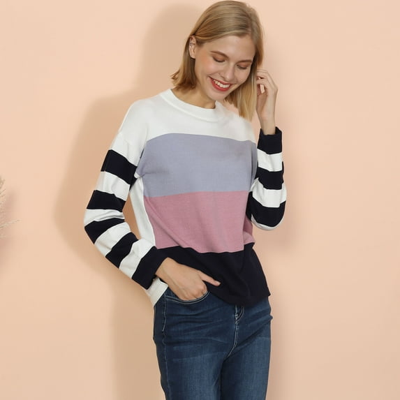 Round Neck Mixed Multicolor Striped Long Sleeve Top for Women