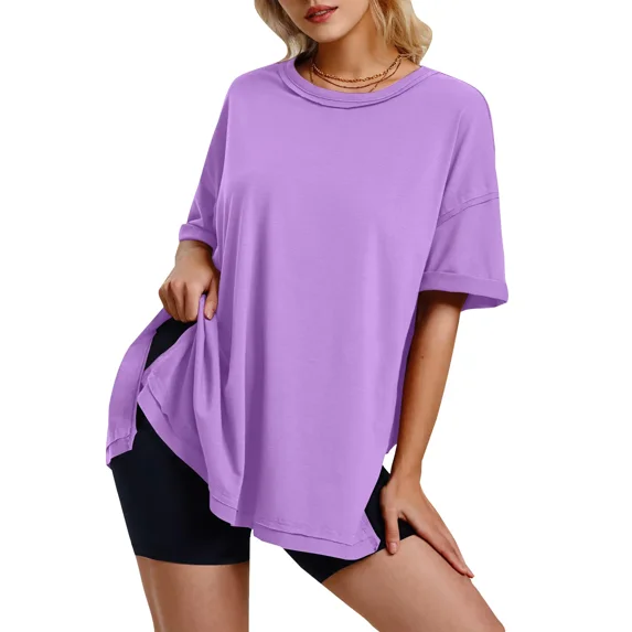 New Round Neck Oversized T Shirts with Side Slits Casual Solid Color Pullovers Loose Half Sleeves Streetwear Versatile Tops