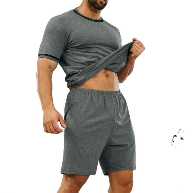 Round Neck Pajama Sets Short Sleeve Dark Grey Men Loungewear Sets PJ