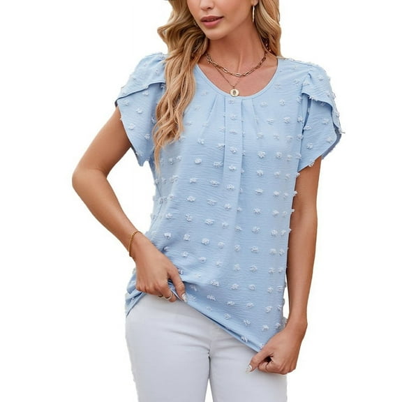 Women Summer V Neck Ruffle Short Sleeve Blouse Dot Flowy Shirt Tunic Top Blue XL