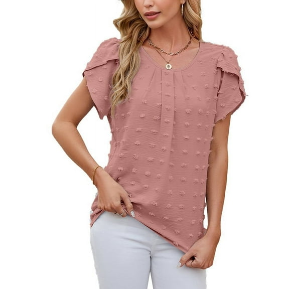Women 2025 Summer V Neck Ruffle Short Sleeve Blouse Dot Flowy Shirt Tunic Top Pink XL