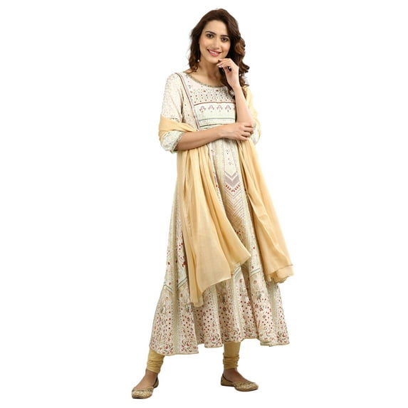 Round Neck Printed Kurta - OffWhite-Medium