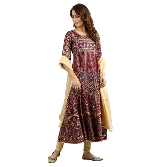 Round Neck Printed Kurta - Sun Dried Red-Small