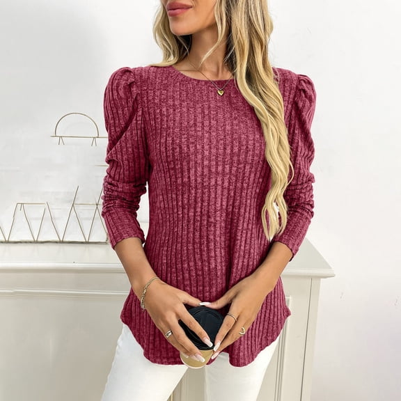 Round Neck Puffed Sleeve Ribbed Solid Long Sleeve T Shirt