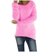 Round Neck Pullover Long Sleeve T Shirts Womens Fall Fashion Trendy Western Tops for Ladies Loose Tunic Plus Size Tops Solid Color Sweatshirts Hot Pink XXL