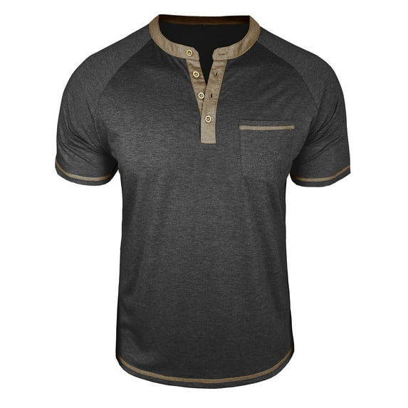 Round Neck Pullover T-Shirt for Men Summer Button Short Sleeve Tee Color Patchwork Casual Tops with Pockets ,XXL