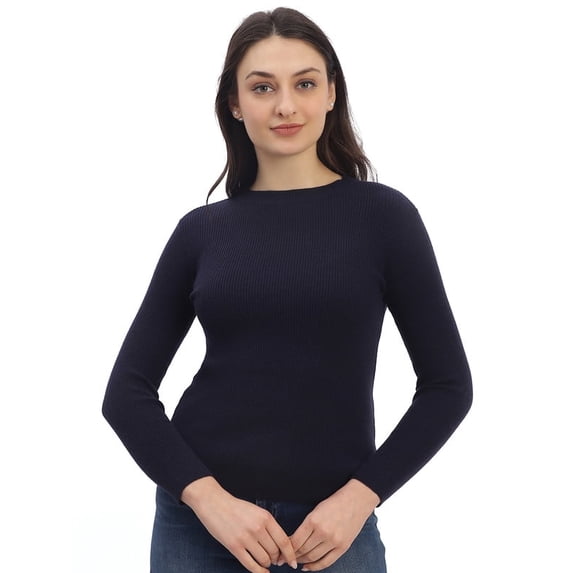 Cavardi Casual Women's Round Neck Ribbed Top – Navy | Free Size