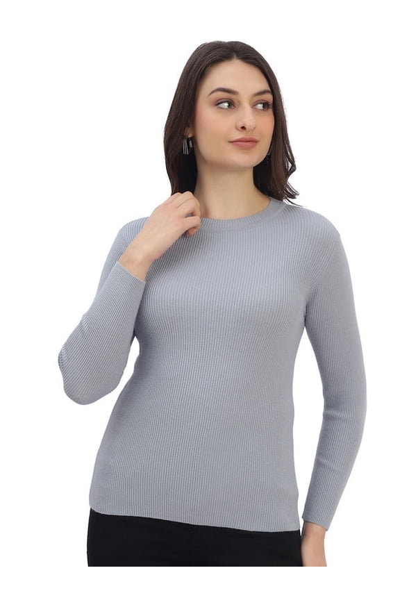 Casual Women's Round Neck Ribbed Top – Sky Blue | Free Size