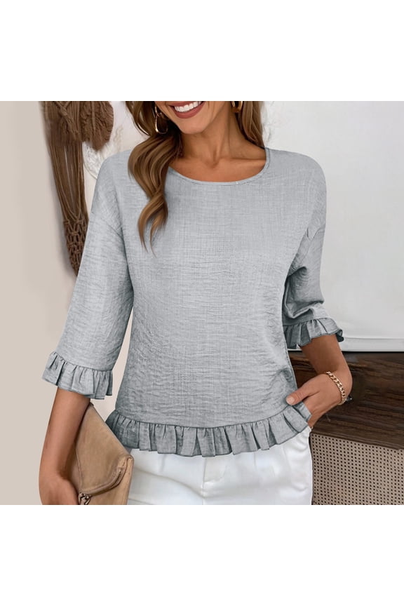 Round Neck Ruffled Hem 3/4 Sleeve Top,Casual Ruffle Solid Blouse Top,Short Sleeve Tops for Women