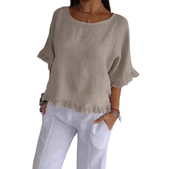 Round Neck Ruffled Hem Mid-Sleeve Cotton and Linen Top Solid Short Sleeve Blouse Tops,Women T-Shirt XXL