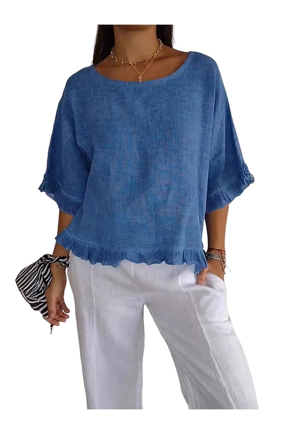 Round Neck Ruffled Hem Mid-Sleeve Cotton and Linen Top Solid Short Sleeve Blouse Tops,Women T-Shirt Blue XL