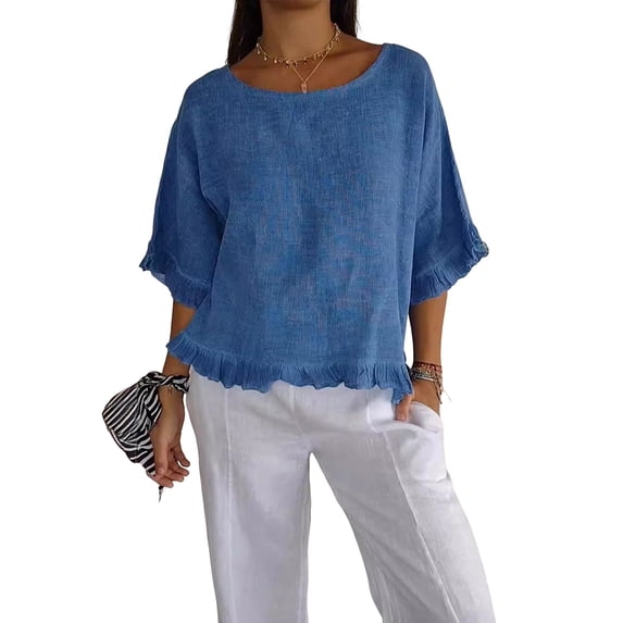 Round Neck Ruffled Hem Mid-Sleeve Cotton and Linen Top Solid Short Sleeve Blouse Tops,Women T-Shirt Blue XL