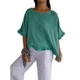 thumbnail image 1 of Round Neck Ruffled Hem Mid-Sleeve Cotton and Linen Top Solid Short Sleeve Blouse Tops,Women T-Shirt Green L, 1 of 5