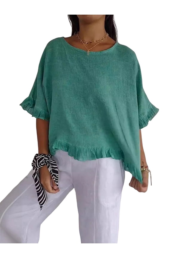 Round Neck Ruffled Hem Mid-Sleeve Cotton and Linen Top Solid Short Sleeve Blouse Tops,Women T-Shirt Green L