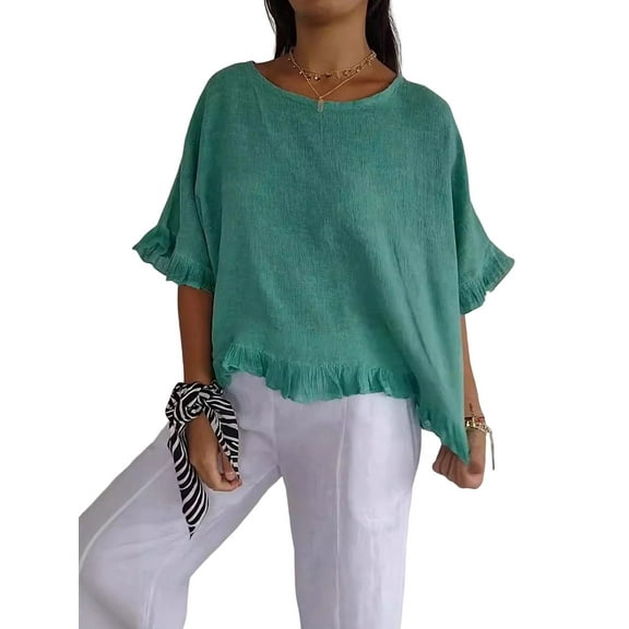 Round Neck Ruffled Hem Mid-Sleeve Cotton and Linen Top Solid Short Sleeve Blouse Tops,Women T-Shirt Green XL