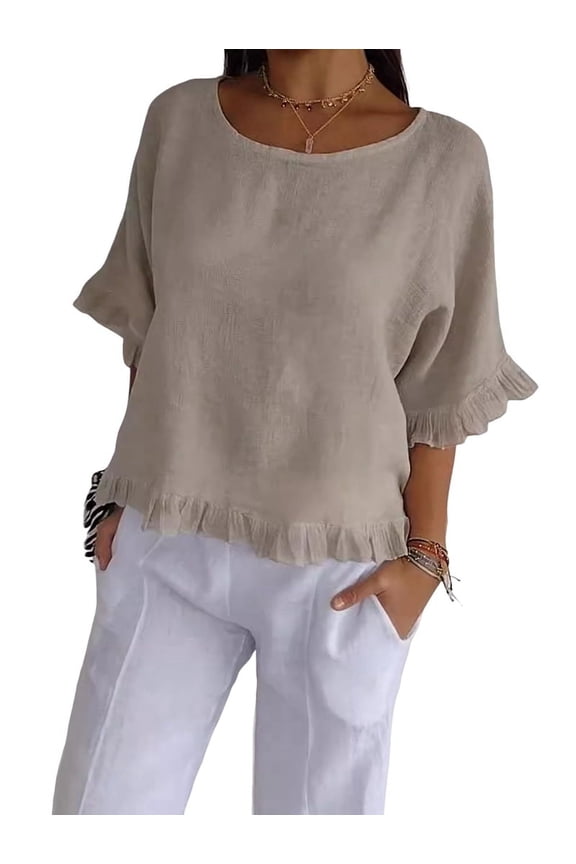 Round Neck Ruffled Hem Mid-Sleeve Cotton and Linen Top Solid Short Sleeve Blouse Tops,Women T-Shirt L