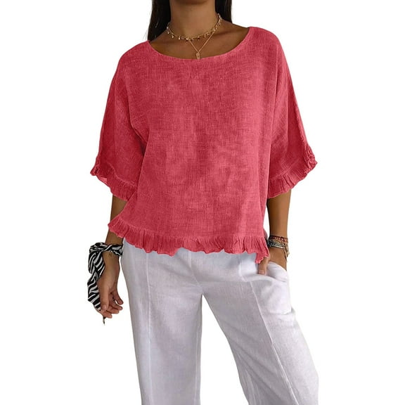 Round Neck Ruffled Hem Mid-Sleeve Cotton and Linen Top Solid Short Sleeve Blouse Tops,Women T-Shirt Watermelon Red L