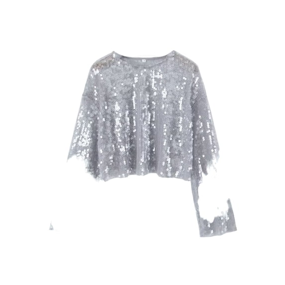 Round Neck Sequin Drop Shoulder Top for Women Silver Large
