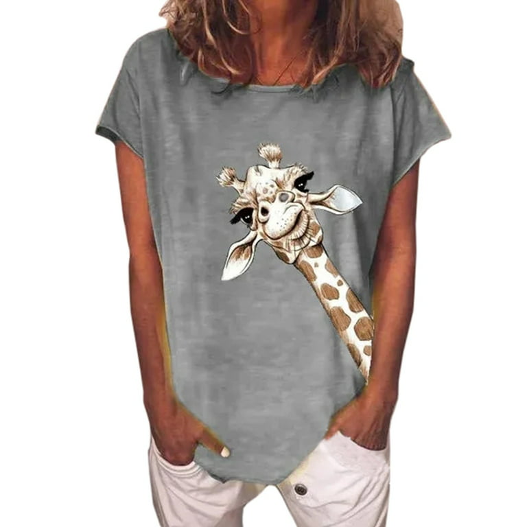 Round Neck Short Sleeve T-shirt Womens Cute Giraffe Printed Casual Tee